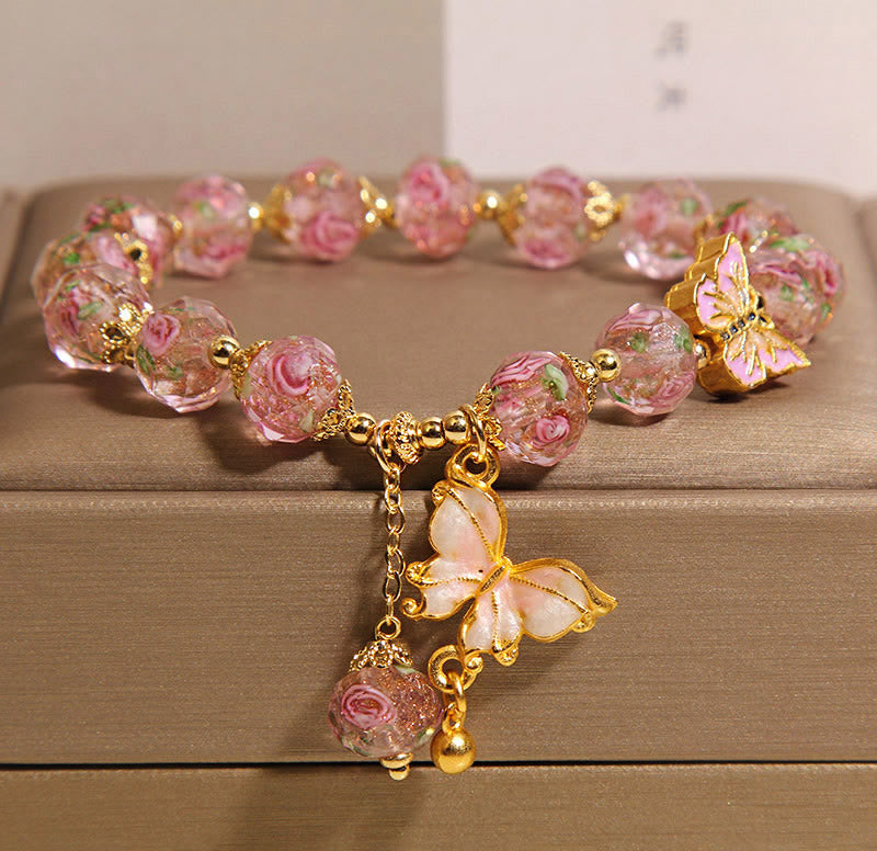 Liuli , Butterfly Charm, Rose Bracelet