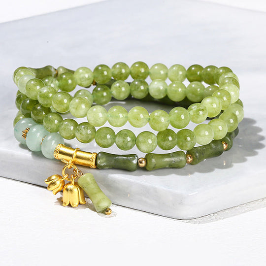 Retro Multilayer Bamboo Green Chalcedony Bracelet