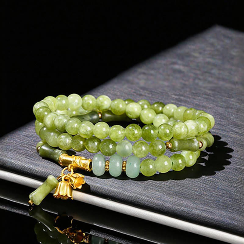 Retro Multilayer Bamboo Green Chalcedony Bracelet