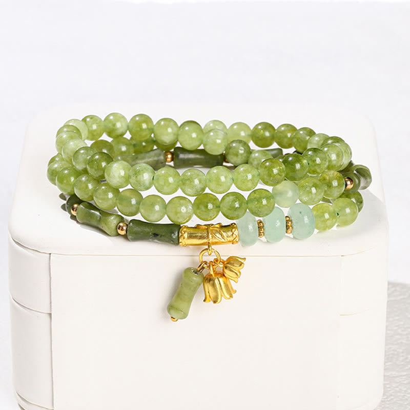 Retro Multilayer Bamboo Green Chalcedony Bracelet