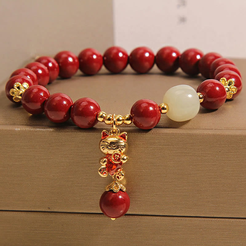 Natural Cinnabar Lucky Cat Bracelet Pendant