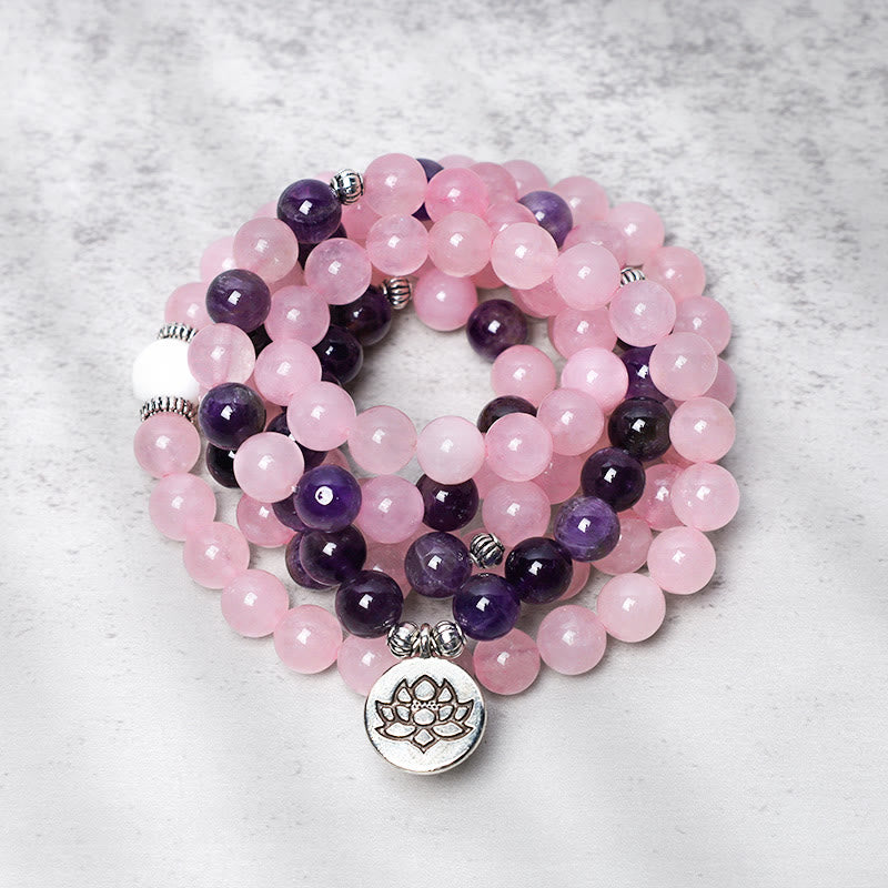 Natural Rose Quartz Amethyst Mala Bracelet